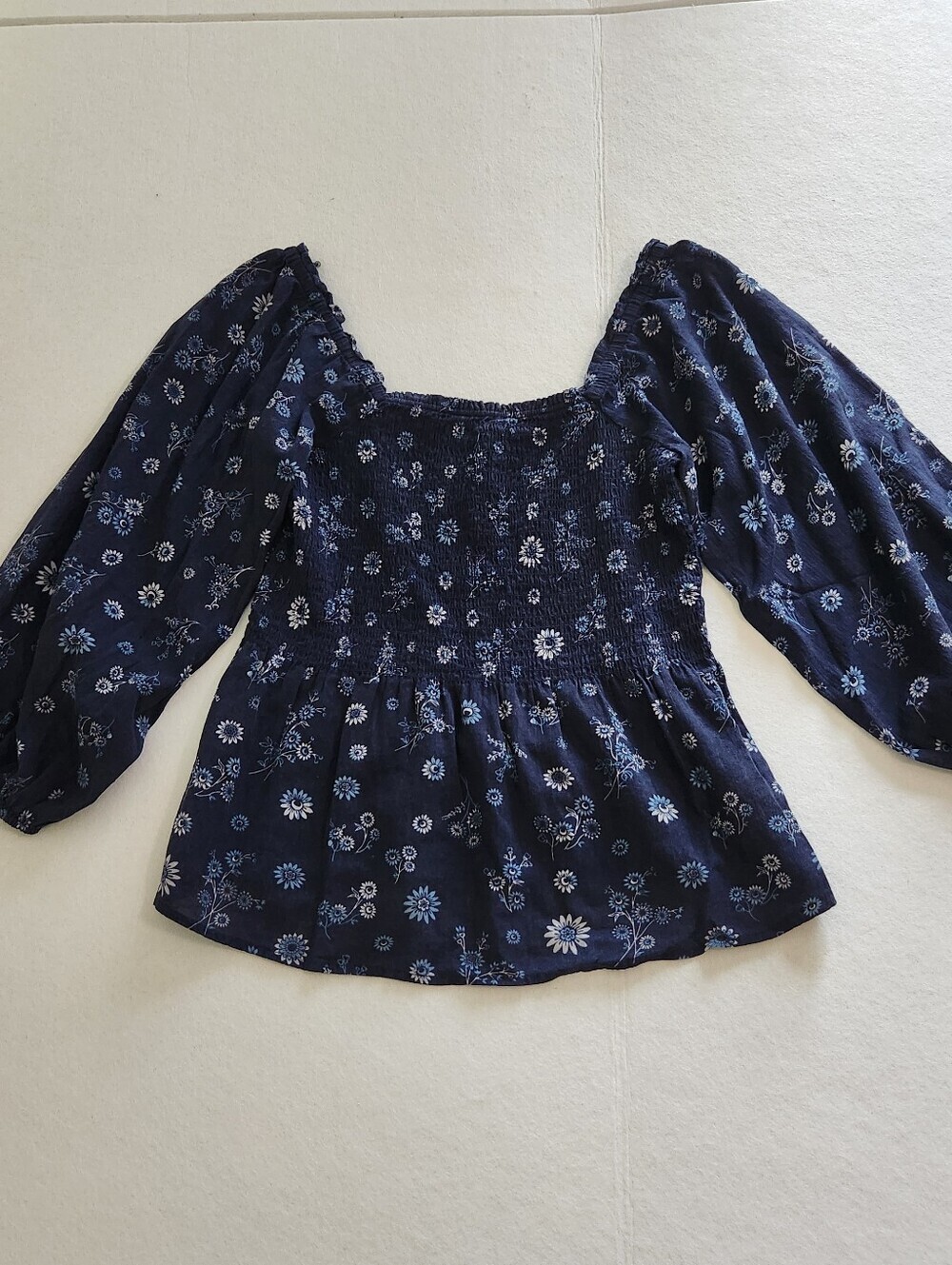 Madewell Navy Floral Smocked Square-Neck Blouse Size Xsmall 00